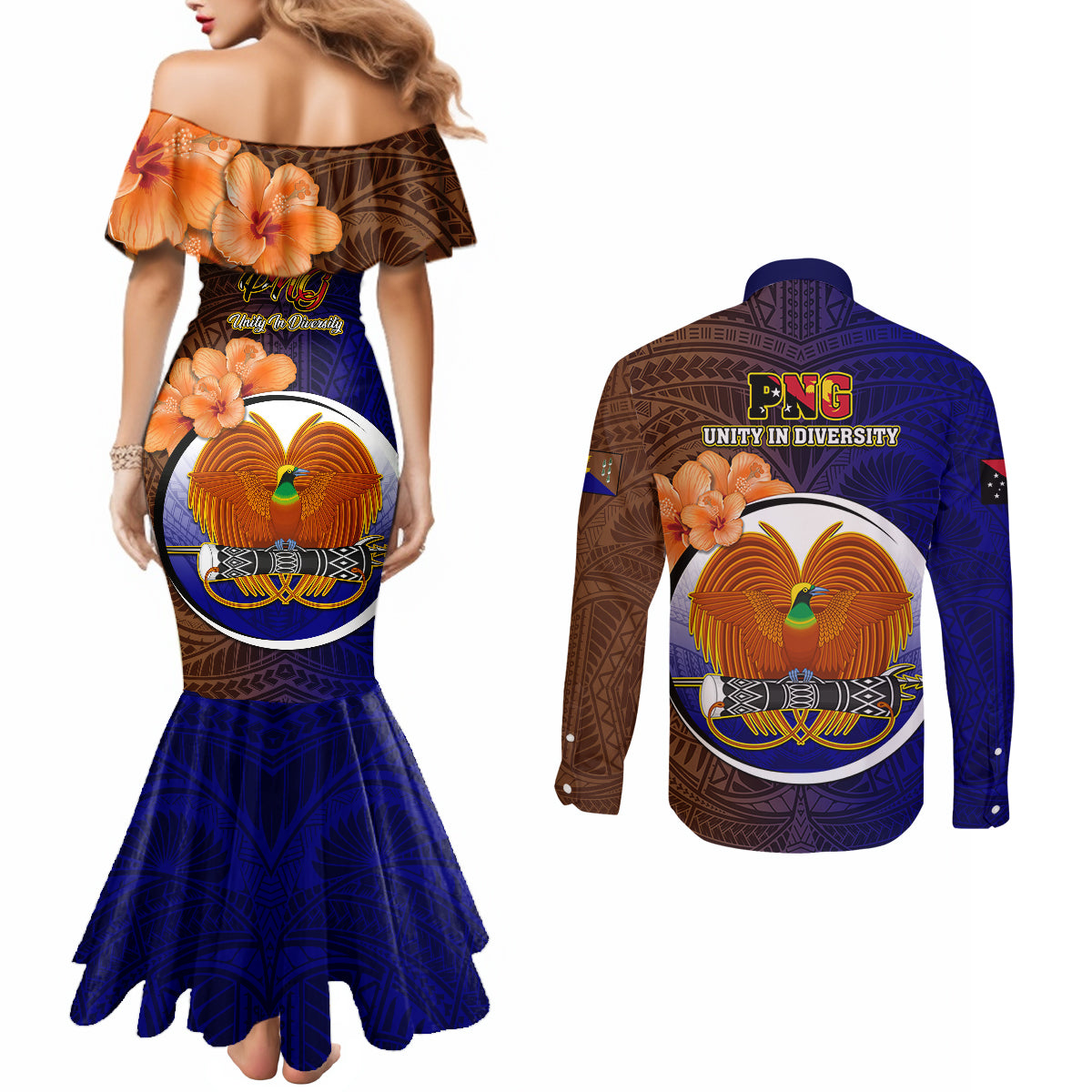 Papua New Guinea Manus Province Couples Matching Mermaid Dress and Long Sleeve Button Shirts Mix Coat Of Arms Polynesian Pattern LT05 - Polynesian Pride