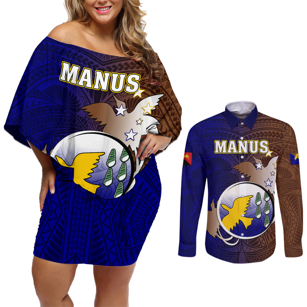 Papua New Guinea Manus Province Couples Matching Off Shoulder Short Dress and Long Sleeve Button Shirts Mix Coat Of Arms Polynesian Pattern LT05 Brown - Polynesian Pride