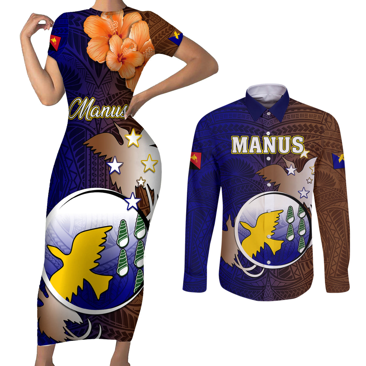 Papua New Guinea Manus Province Couples Matching Short Sleeve Bodycon Dress and Long Sleeve Button Shirts Mix Coat Of Arms Polynesian Pattern LT05 Brown - Polynesian Pride