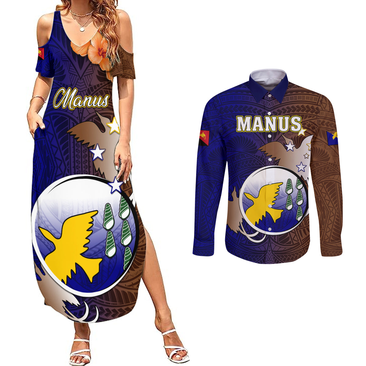 Papua New Guinea Manus Province Couples Matching Summer Maxi Dress and Long Sleeve Button Shirts Mix Coat Of Arms Polynesian Pattern LT05 Brown - Polynesian Pride