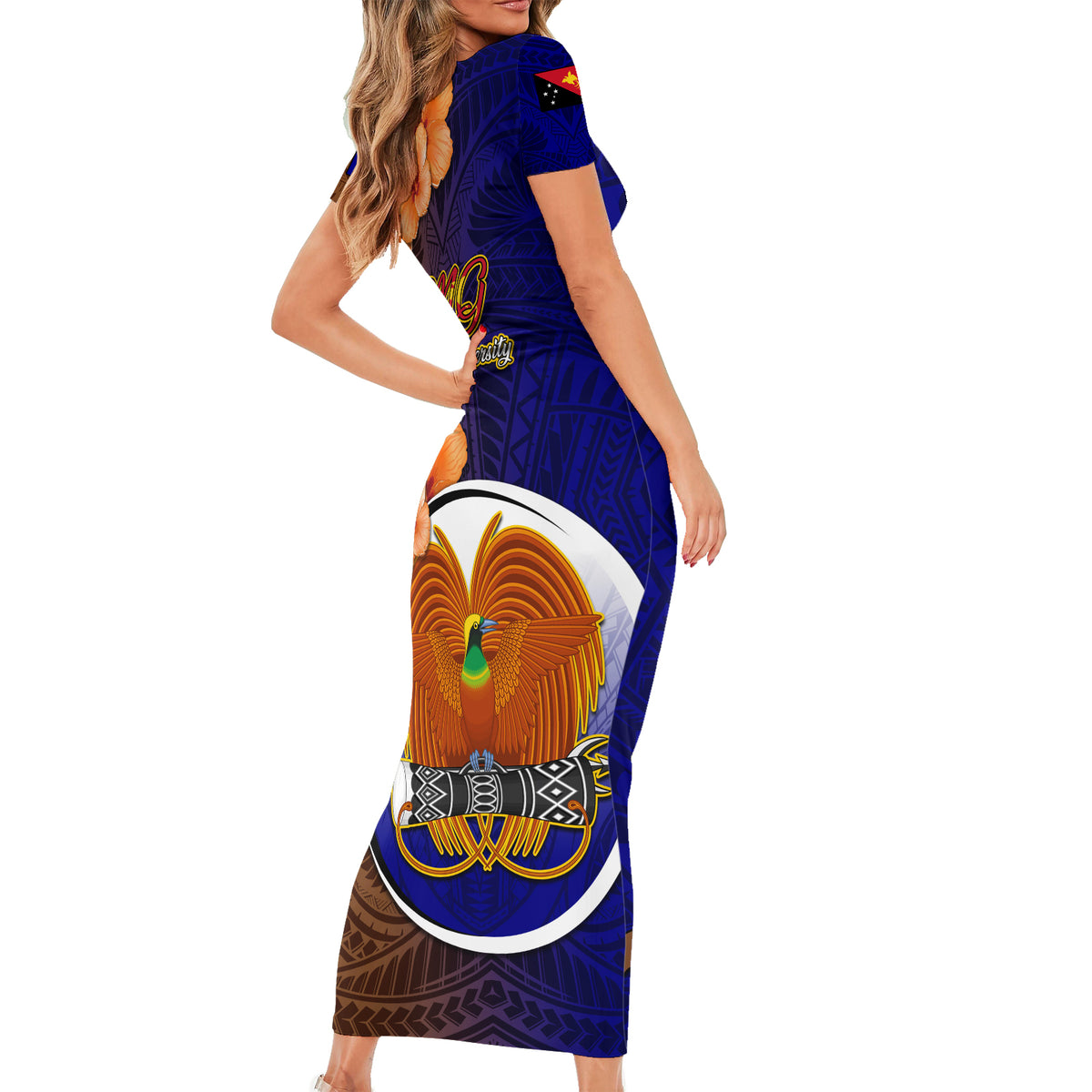 Papua New Guinea Manus Province Short Sleeve Bodycon Dress Mix Coat Of Arms Polynesian Pattern LT05 - Polynesian Pride