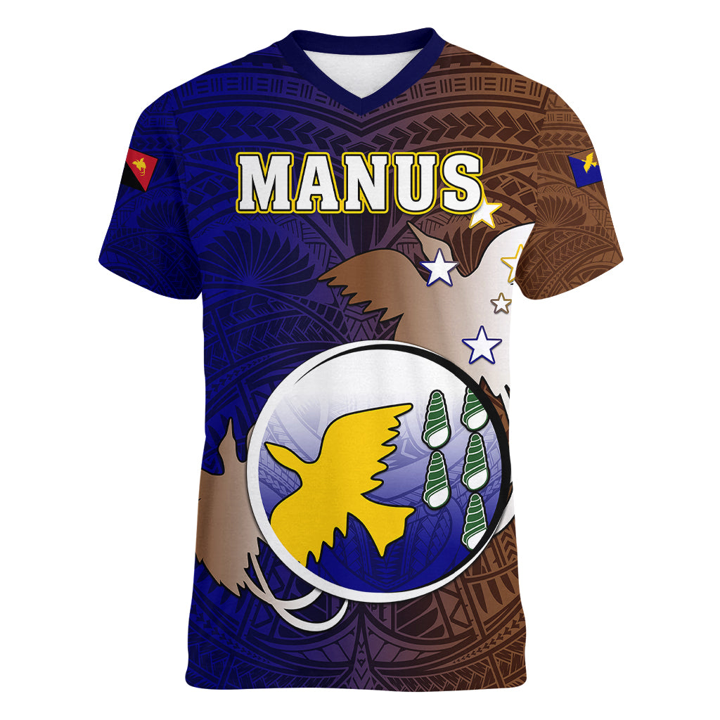 Papua New Guinea Manus Province Women V Neck T Shirt Mix Coat Of Arms Polynesian Pattern LT05 Female Brown - Polynesian Pride