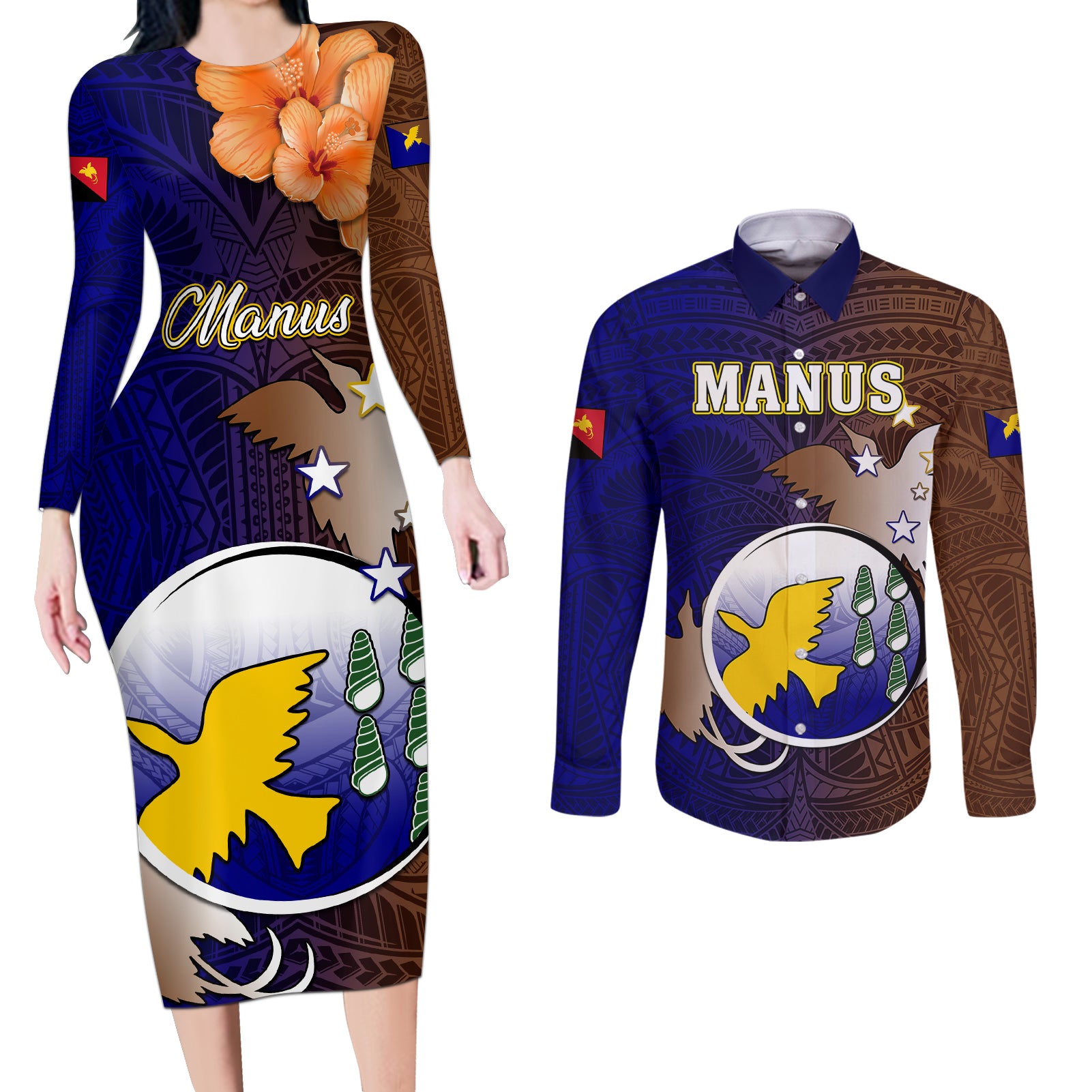 Personalized Papua New Guinea Manus Province Couples Matching Long Sleeve Bodycon Dress and Long Sleeve Button Shirts Mix Coat Of Arms Polynesian Pattern LT05 Brown - Polynesian Pride