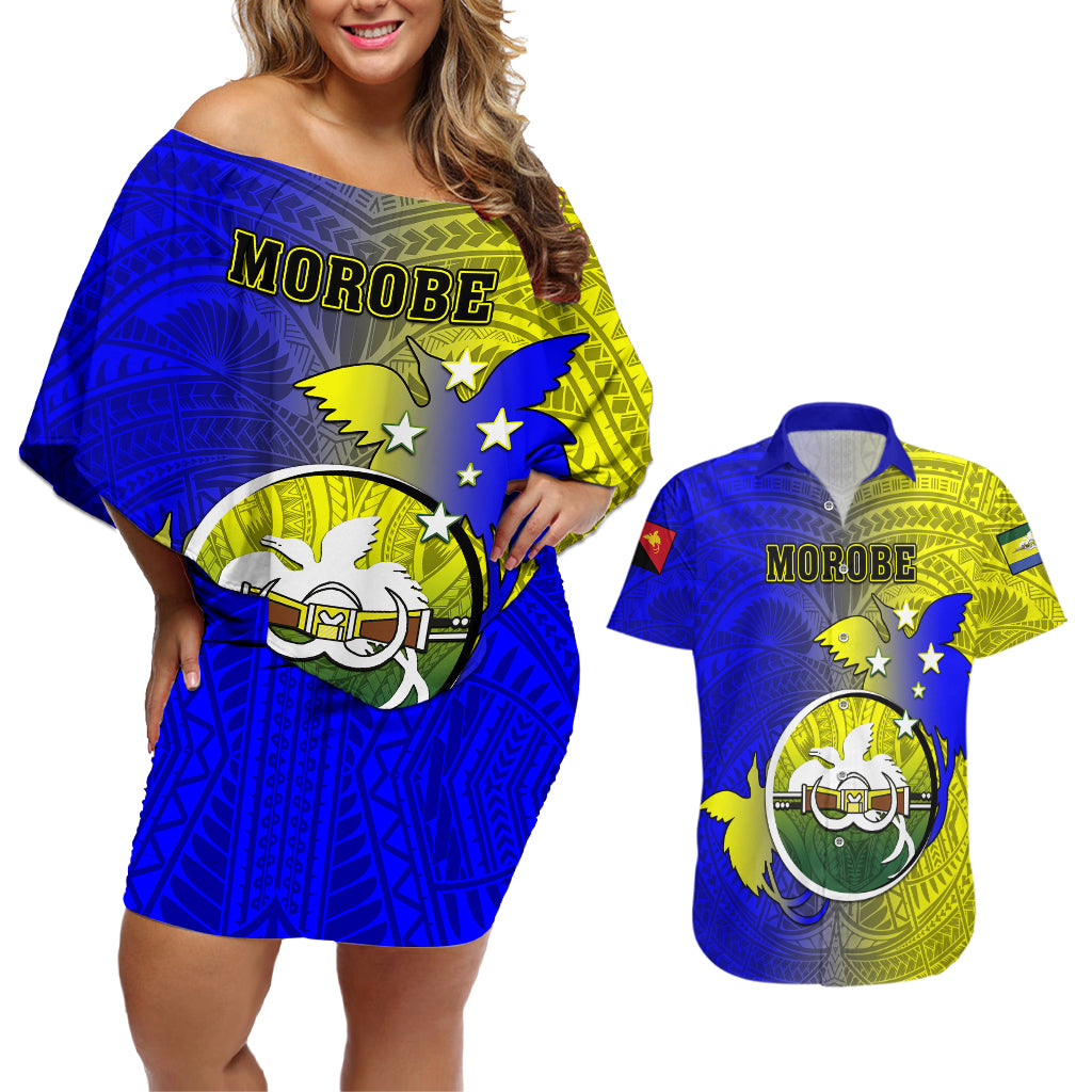 Papua New Guinea Morobe Province Couples Matching Off Shoulder Short Dress and Hawaiian Shirt Mix Coat Of Arms Polynesian Pattern LT05 Yellow - Polynesian Pride
