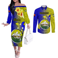 Papua New Guinea Morobe Province Couples Matching Off The Shoulder Long Sleeve Dress and Long Sleeve Button Shirts Mix Coat Of Arms Polynesian Pattern LT05 Yellow - Polynesian Pride