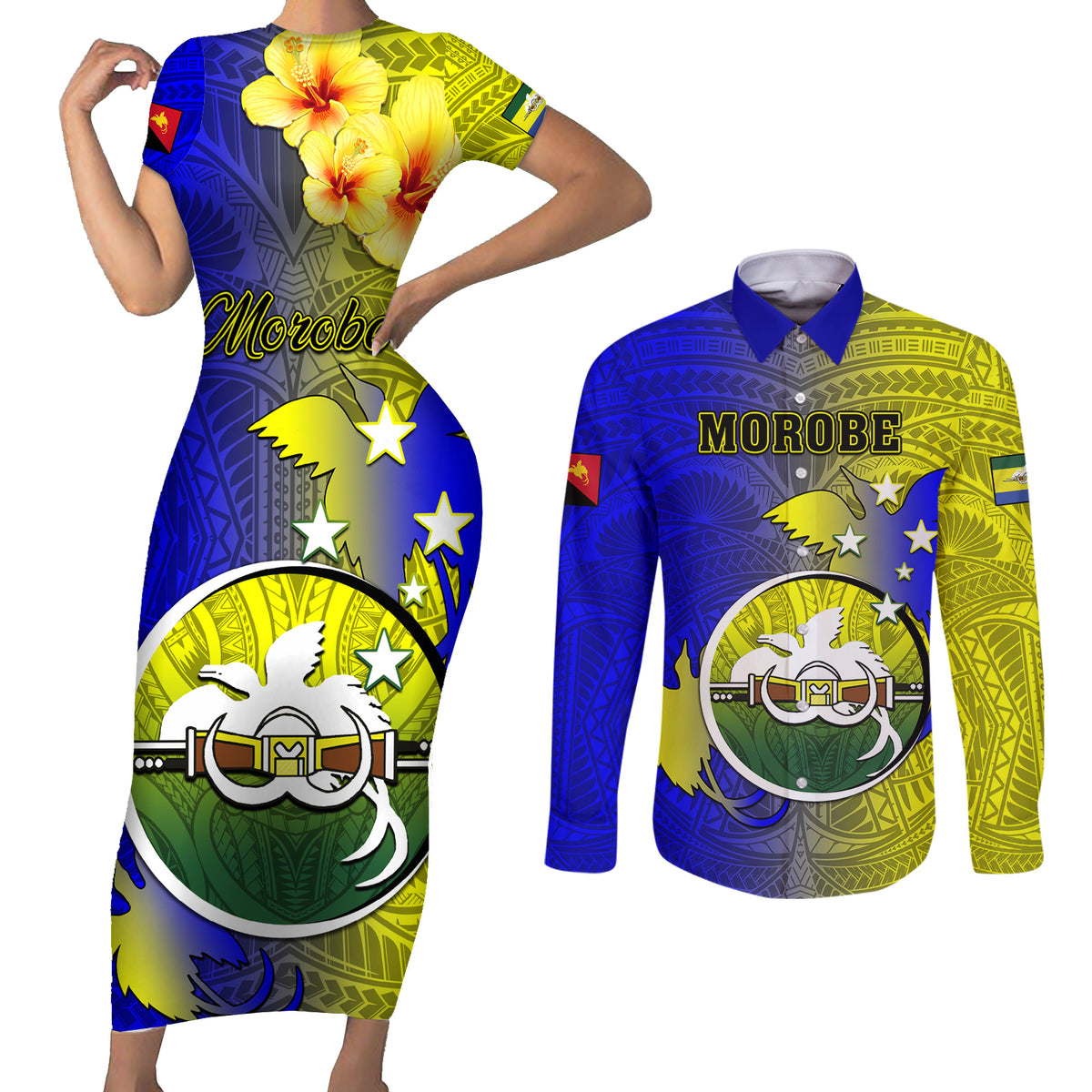 Papua New Guinea Morobe Province Couples Matching Short Sleeve Bodycon Dress and Long Sleeve Button Shirts Mix Coat Of Arms Polynesian Pattern LT05 Yellow - Polynesian Pride