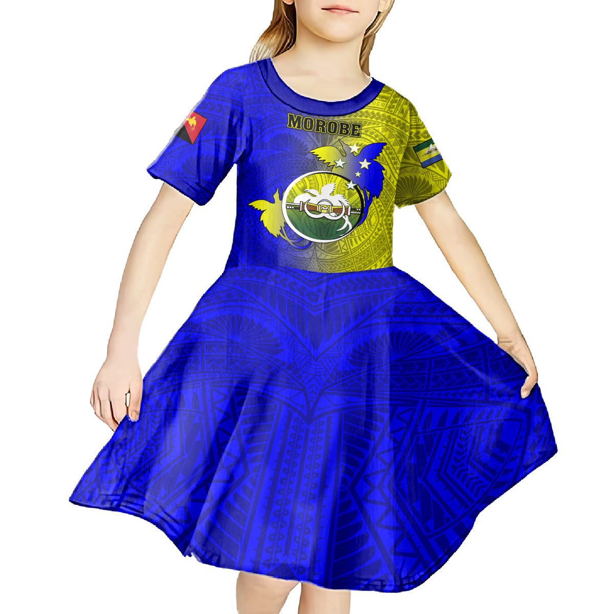 Papua New Guinea Morobe Province Kid Short Sleeve Dress Mix Coat Of Arms Polynesian Pattern LT05 - Polynesian Pride