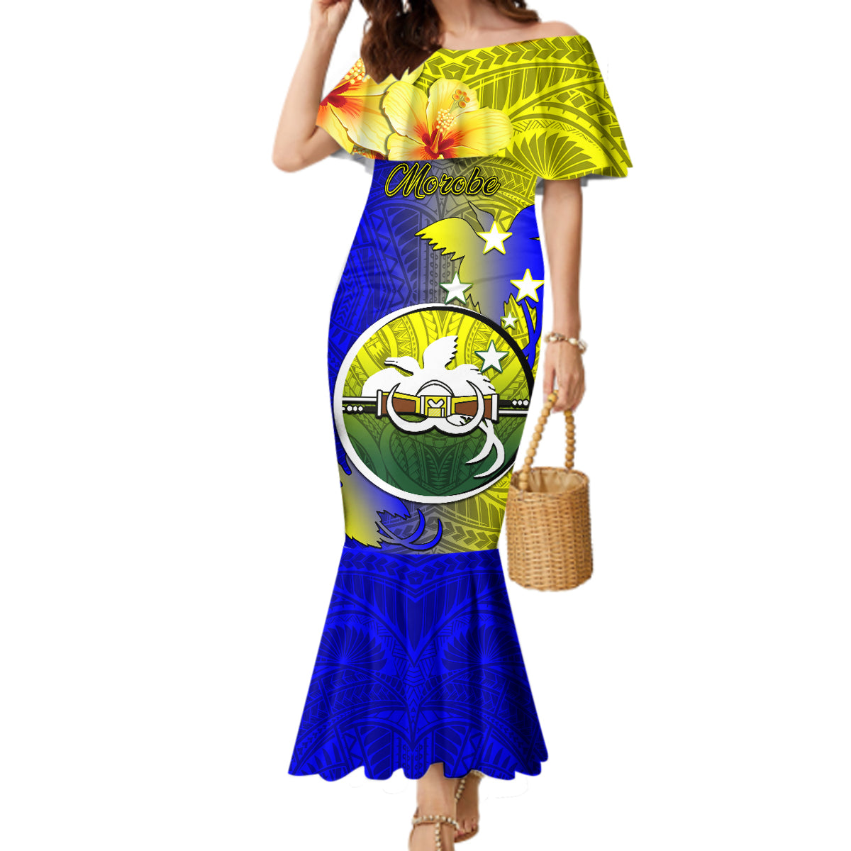 Papua New Guinea Morobe Province Mermaid Dress Mix Coat Of Arms Polynesian Pattern LT05 Women Yellow - Polynesian Pride