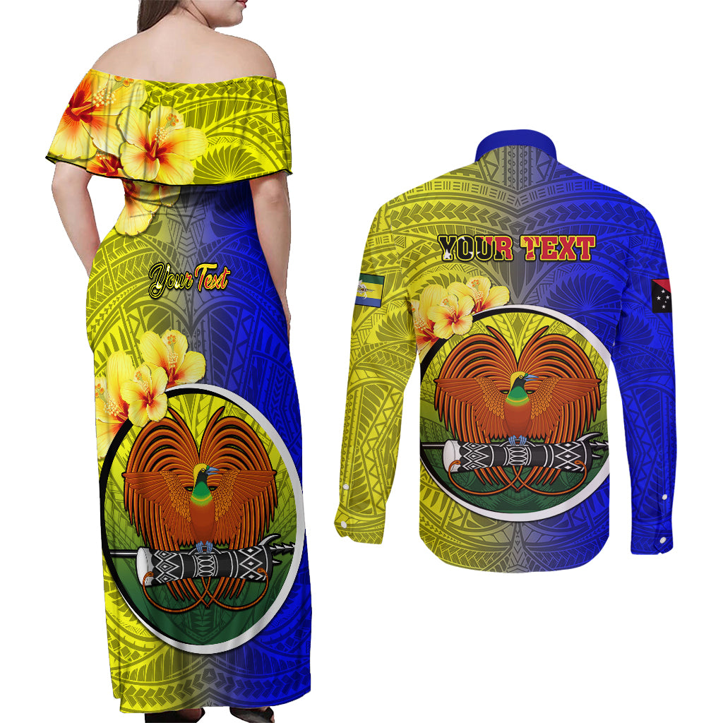 Personalized Papua New Guinea Morobe Province Couples Matching Off Shoulder Maxi Dress and Long Sleeve Button Shirts Mix Coat Of Arms Polynesian Pattern LT05 - Polynesian Pride