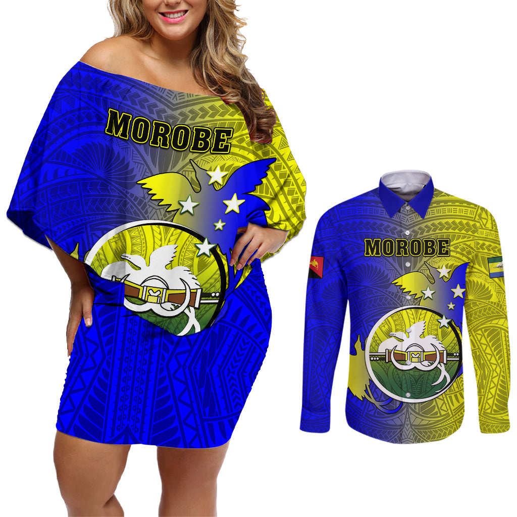 Personalized Papua New Guinea Morobe Province Couples Matching Off Shoulder Short Dress and Long Sleeve Button Shirts Mix Coat Of Arms Polynesian Pattern LT05 Yellow - Polynesian Pride
