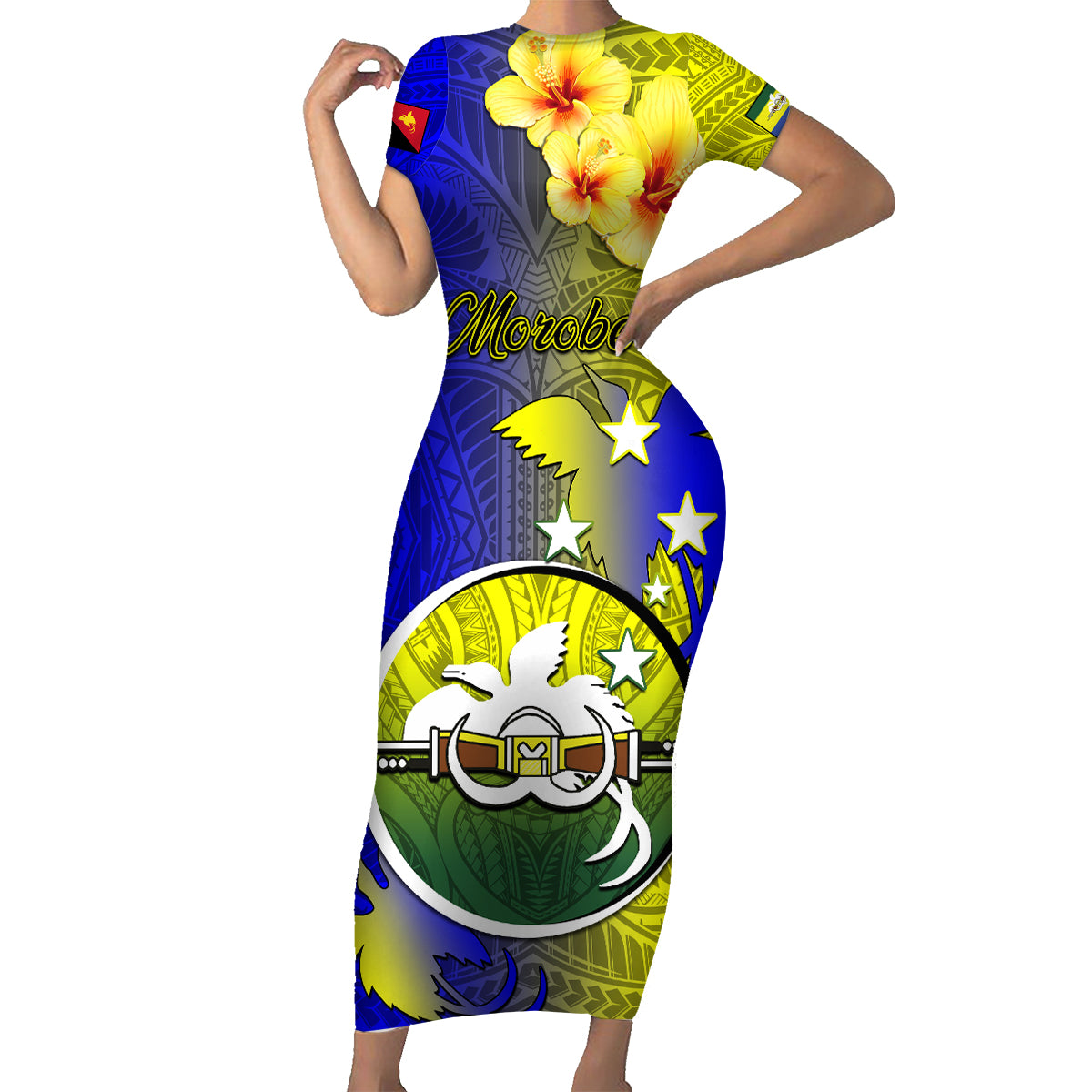 Personalized Papua New Guinea Morobe Province Family Matching Short Sleeve Bodycon Dress and Hawaiian Shirt Mix Coat Of Arms Polynesian Pattern LT05 Mom's Dress Yellow - Polynesian Pride