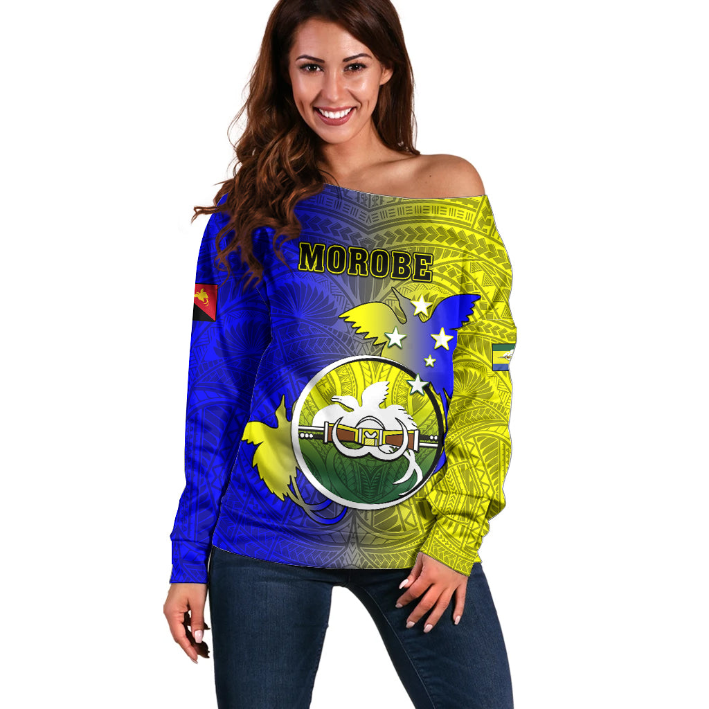 Personalized Papua New Guinea Morobe Province Off Shoulder Sweater Mix Coat Of Arms Polynesian Pattern LT05 Women Yellow - Polynesian Pride