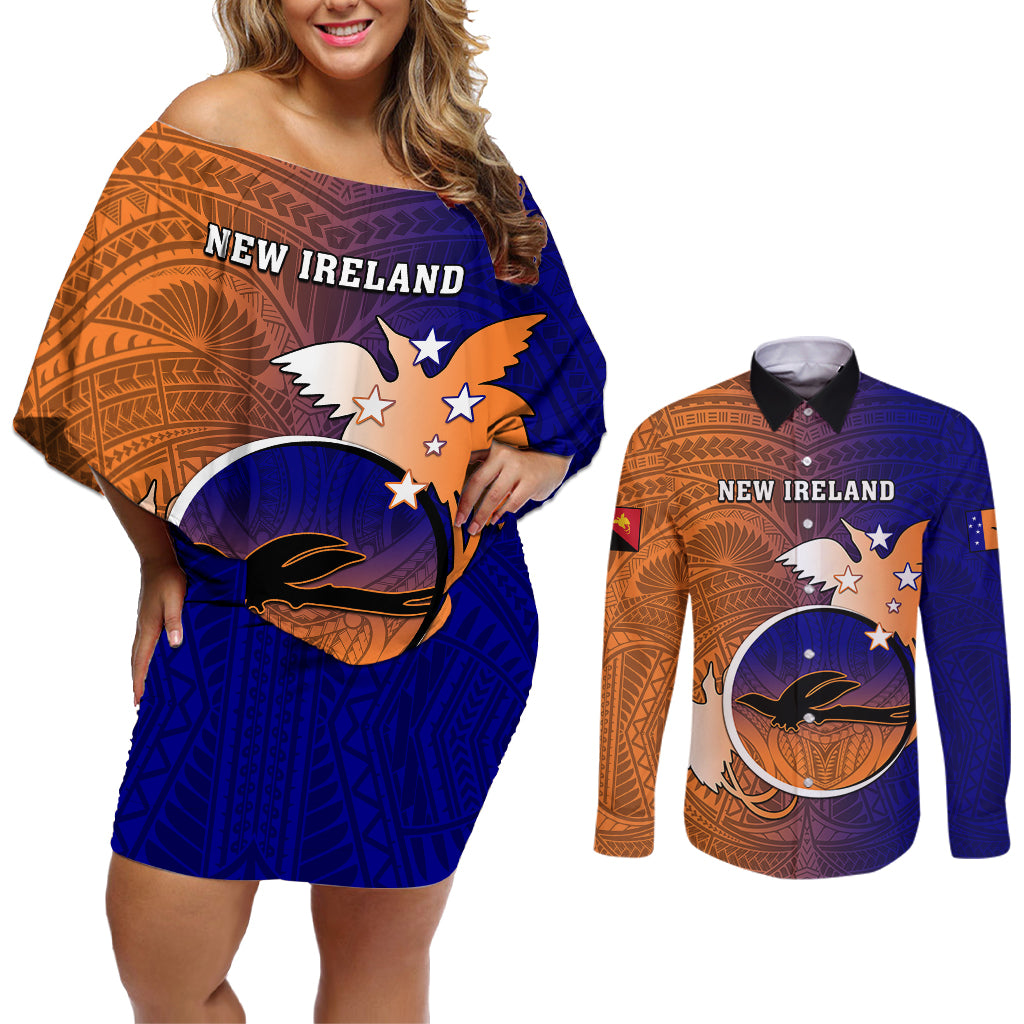 Papua New Guinea New Ireland Province Couples Matching Off Shoulder Short Dress and Long Sleeve Button Shirts Mix Coat Of Arms Polynesian Pattern LT05 Blue - Polynesian Pride