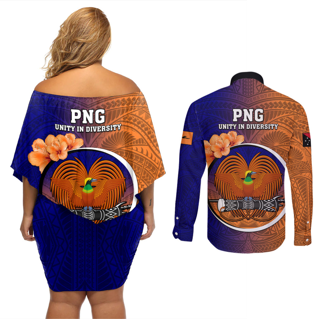 Papua New Guinea New Ireland Province Couples Matching Off Shoulder Short Dress and Long Sleeve Button Shirts Mix Coat Of Arms Polynesian Pattern LT05 - Polynesian Pride