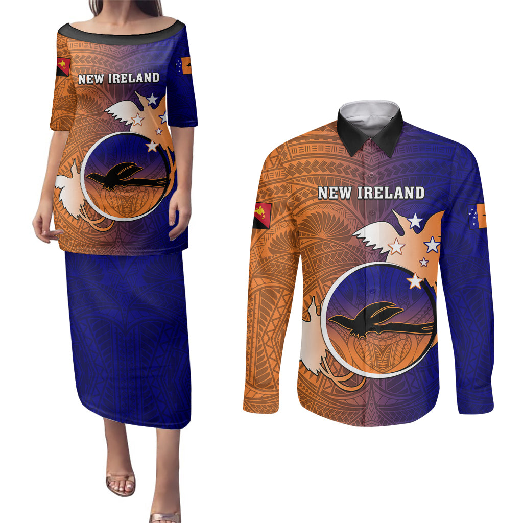 Papua New Guinea New Ireland Province Couples Matching Puletasi Dress and Long Sleeve Button Shirts Mix Coat Of Arms Polynesian Pattern LT05 Blue - Polynesian Pride