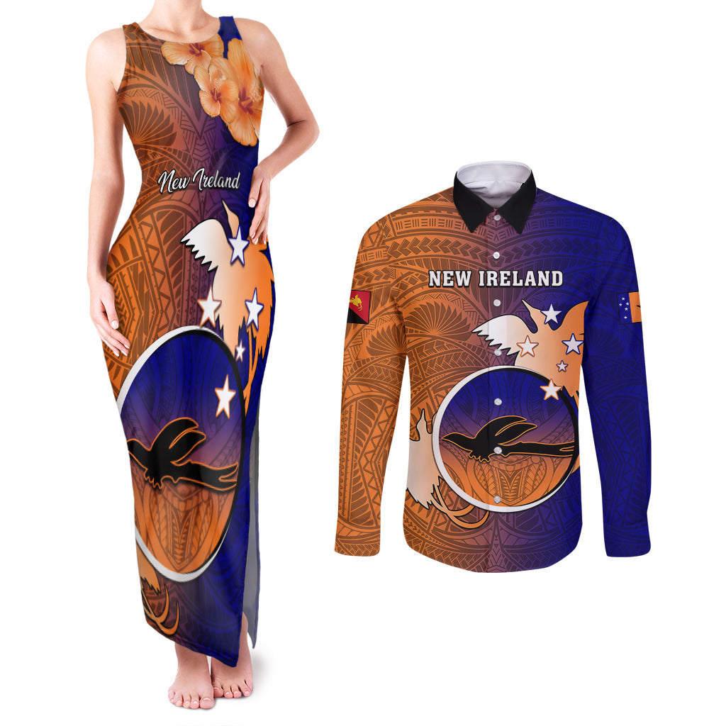 Papua New Guinea New Ireland Province Couples Matching Tank Maxi Dress and Long Sleeve Button Shirts Mix Coat Of Arms Polynesian Pattern LT05 Blue - Polynesian Pride
