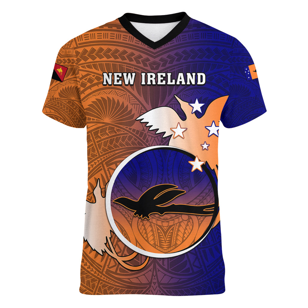 Papua New Guinea New Ireland Province Women V Neck T Shirt Mix Coat Of Arms Polynesian Pattern LT05 Female Blue - Polynesian Pride