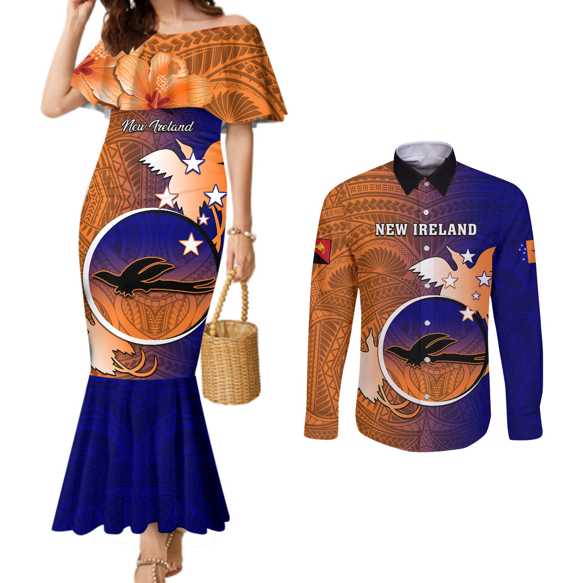Personalized Papua New Guinea New Ireland Province Couples Matching Mermaid Dress and Long Sleeve Button Shirts Mix Coat Of Arms Polynesian Pattern LT05 Blue - Polynesian Pride