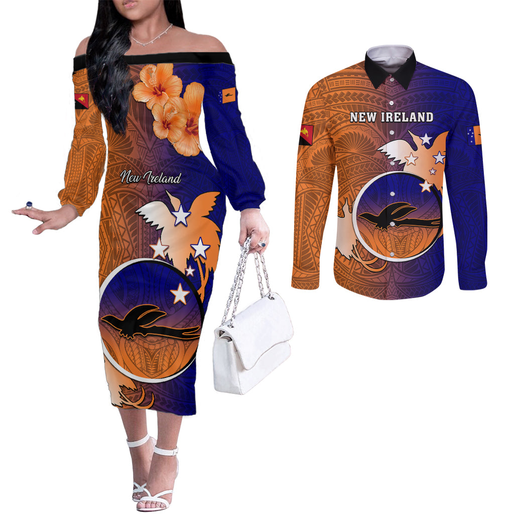 Personalized Papua New Guinea New Ireland Province Couples Matching Off The Shoulder Long Sleeve Dress and Long Sleeve Button Shirts Mix Coat Of Arms Polynesian Pattern LT05 Blue - Polynesian Pride