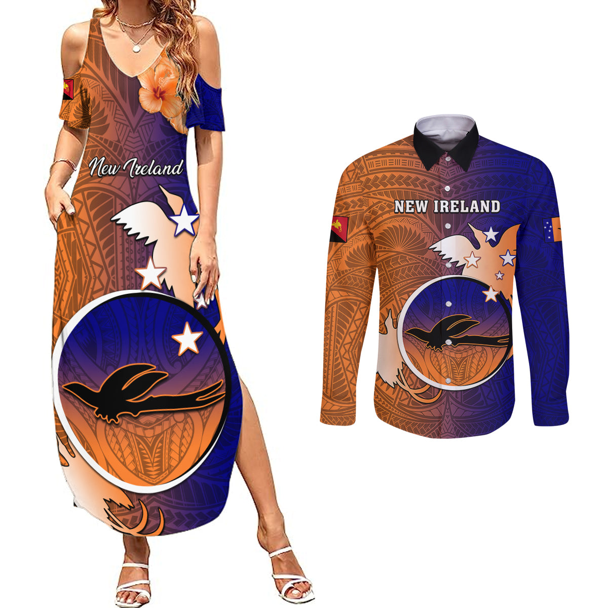 Personalized Papua New Guinea New Ireland Province Couples Matching Summer Maxi Dress and Long Sleeve Button Shirts Mix Coat Of Arms Polynesian Pattern LT05 Blue - Polynesian Pride