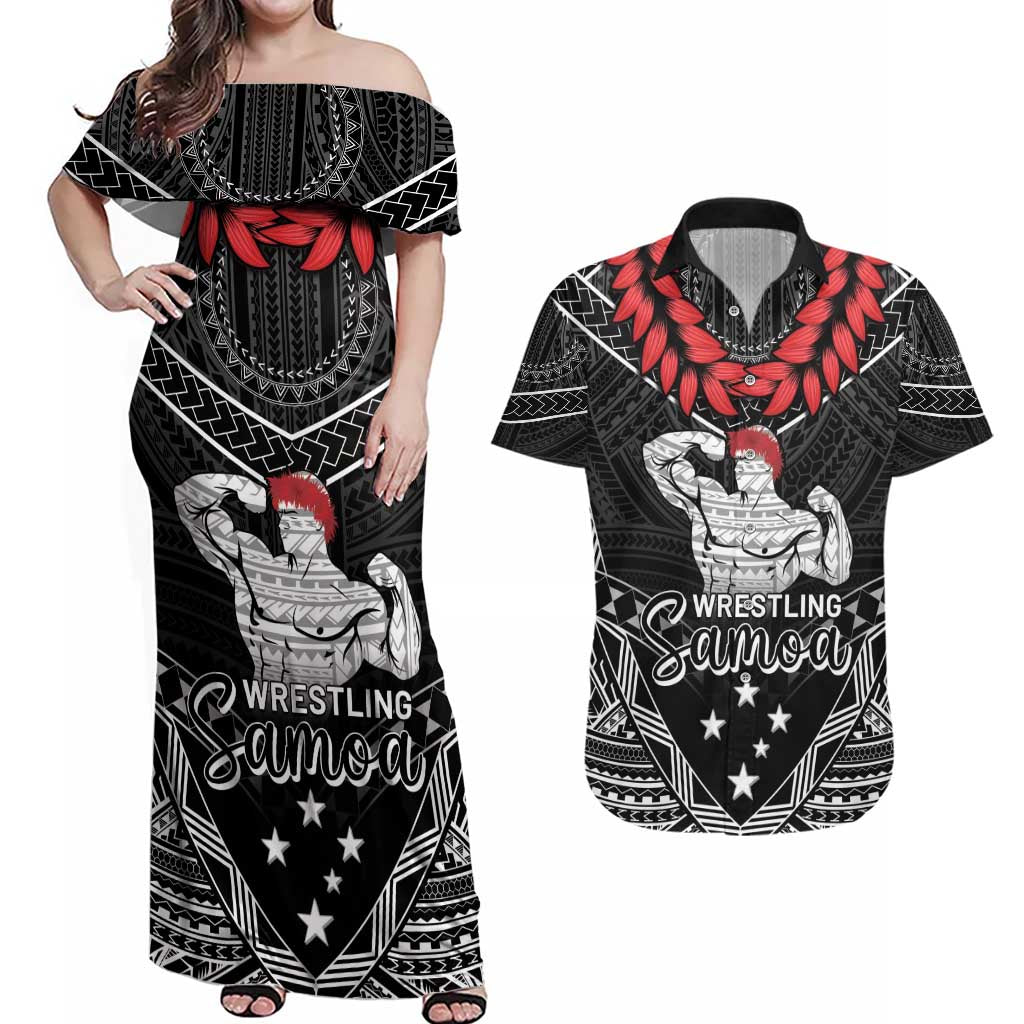 Custom Samoa Wrestling Couples Matching Off Shoulder Maxi Dress and Hawaiian Shirt Samoan Wrestler Ulafala Style