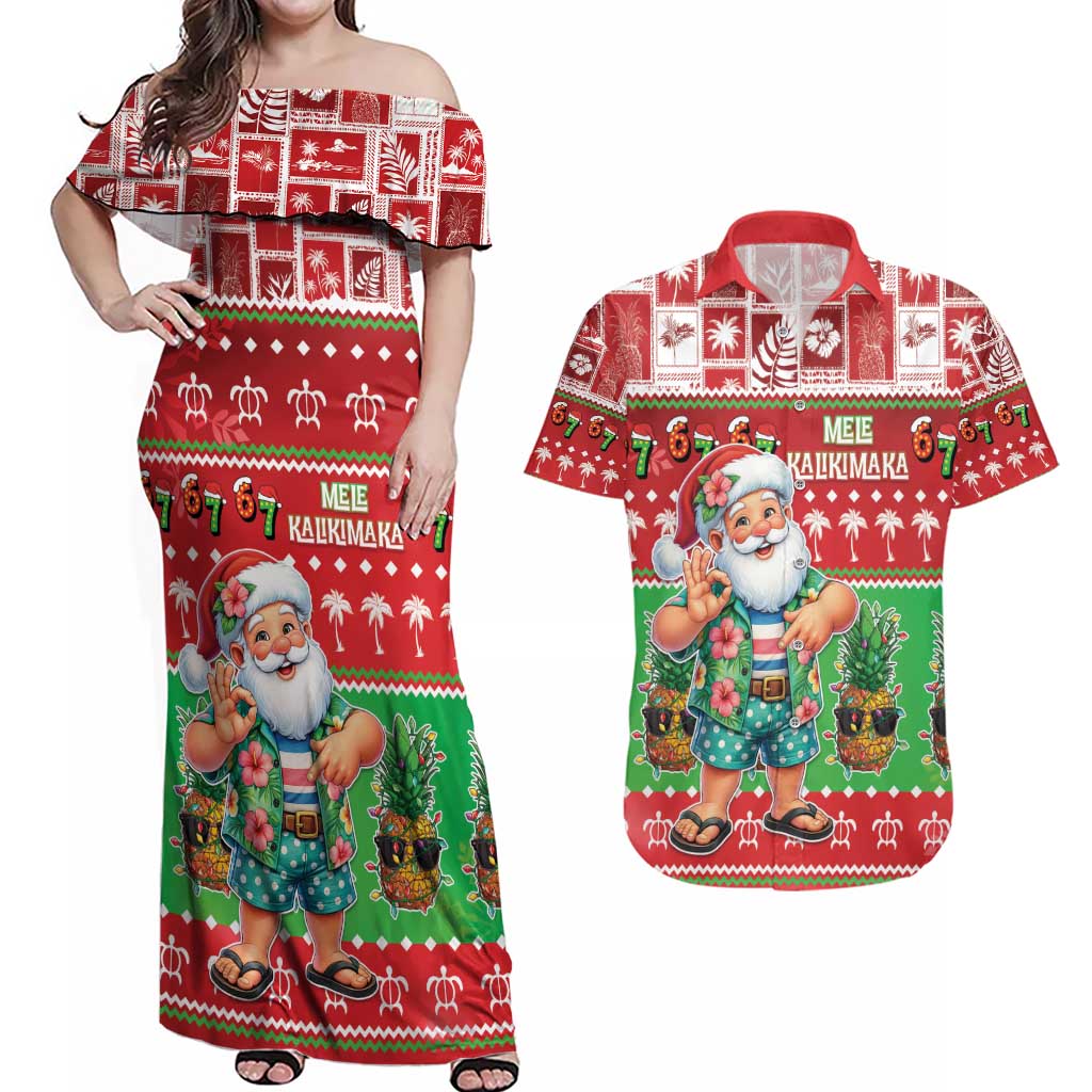 Mele Kalikimaka Hawaii Christmas Couples Matching Off Shoulder Maxi Dress and Hawaiian Shirt Funny Santa 67 Gen Alpha Slang - Polynesian Pride