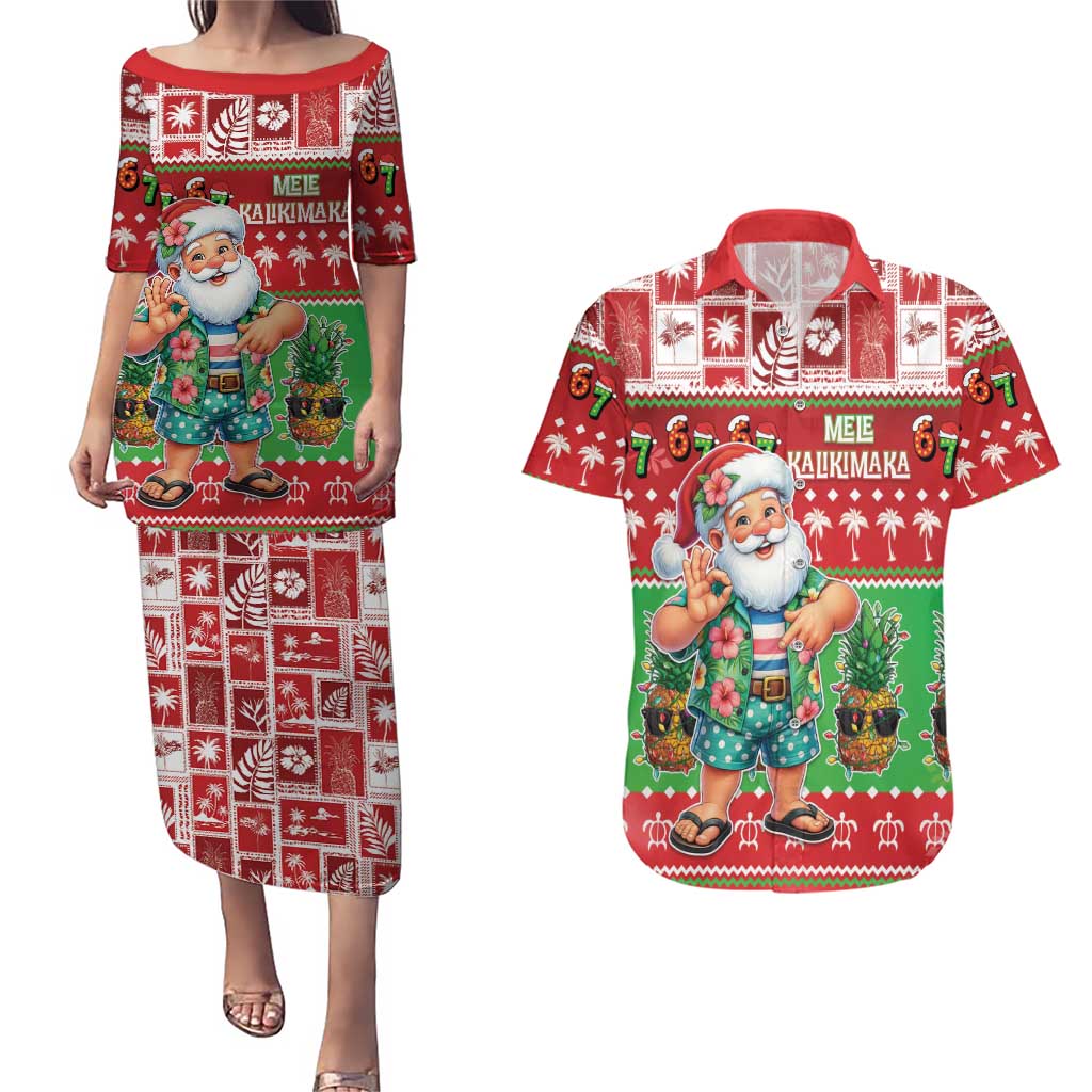 Mele Kalikimaka Hawaii Christmas Couples Matching Puletasi and Hawaiian Shirt Funny Santa 67 Gen Alpha Slang - Polynesian Pride
