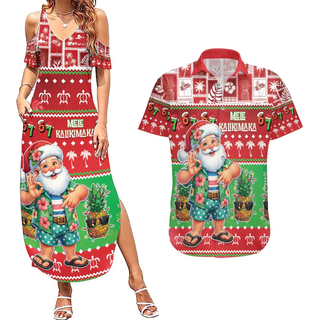 Mele Kalikimaka Hawaii Christmas Couples Matching Summer Maxi Dress and Hawaiian Shirt Funny Santa 67 Gen Alpha Slang - Polynesian Pride