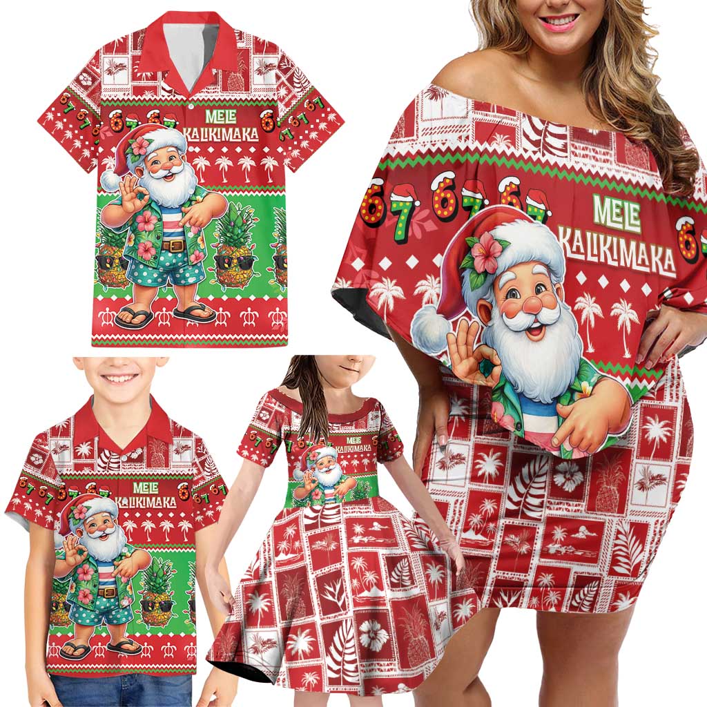Mele Kalikimaka Hawaii Christmas Family Matching Off Shoulder Short Dress and Hawaiian Shirt Funny Santa 67 Gen Alpha Slang - Polynesian Pride