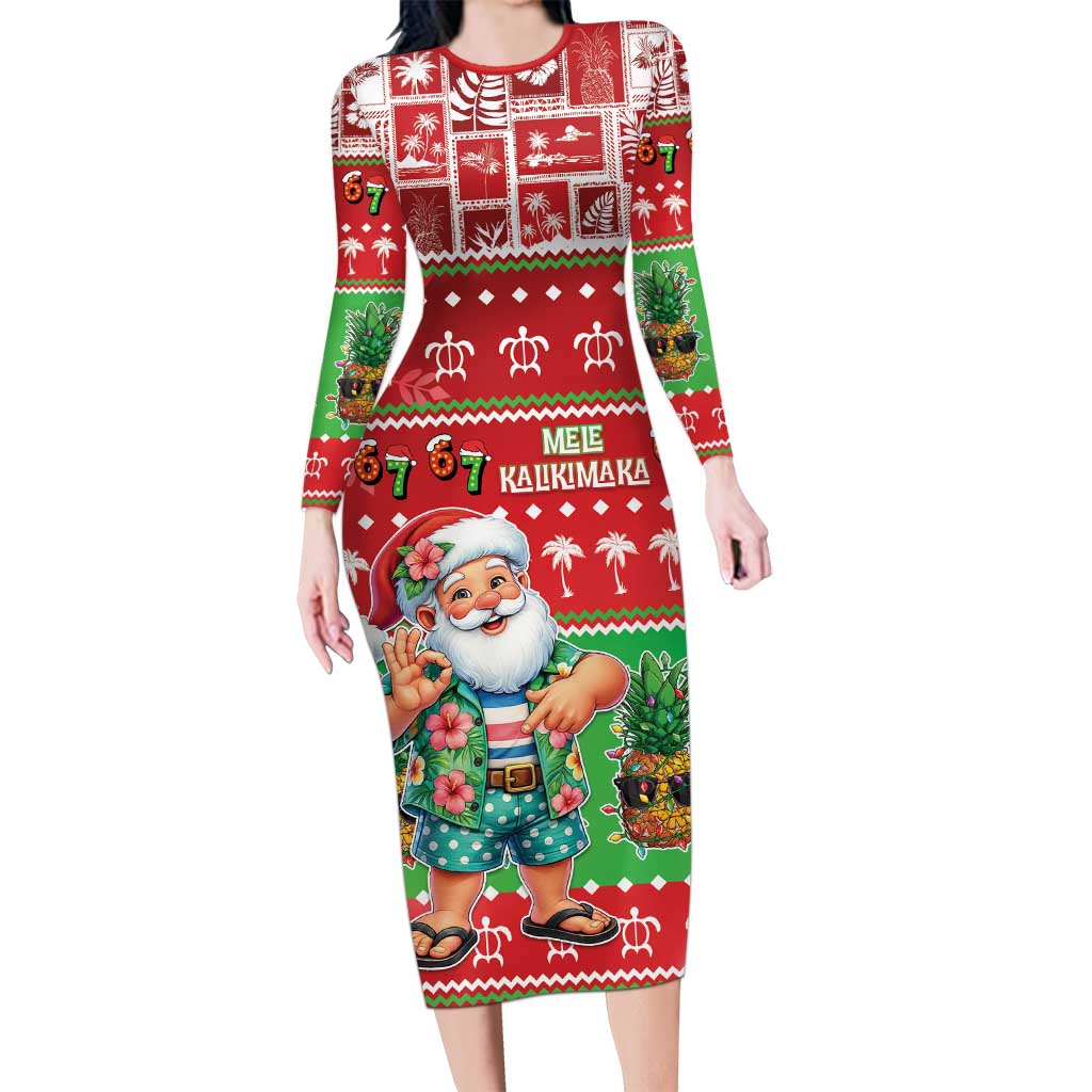 Mele Kalikimaka Hawaii Christmas Long Sleeve Bodycon Dress Funny Santa 67 Gen Alpha Slang LT05 Long Dress Red - Polynesian Pride