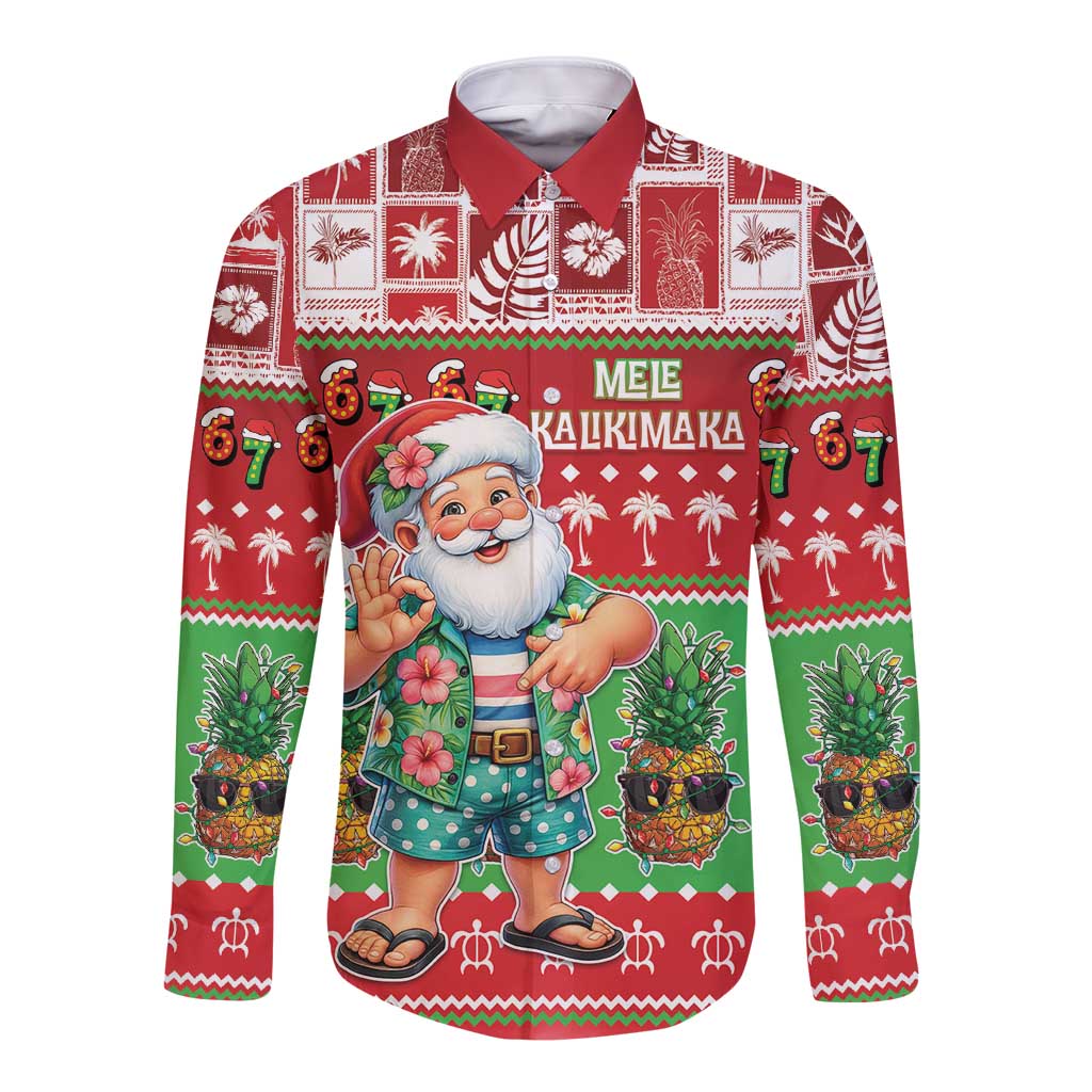 Mele Kalikimaka Hawaii Christmas Long Sleeve Button Shirt Funny Santa 67 Gen Alpha Slang LT05 Unisex Red - Polynesian Pride