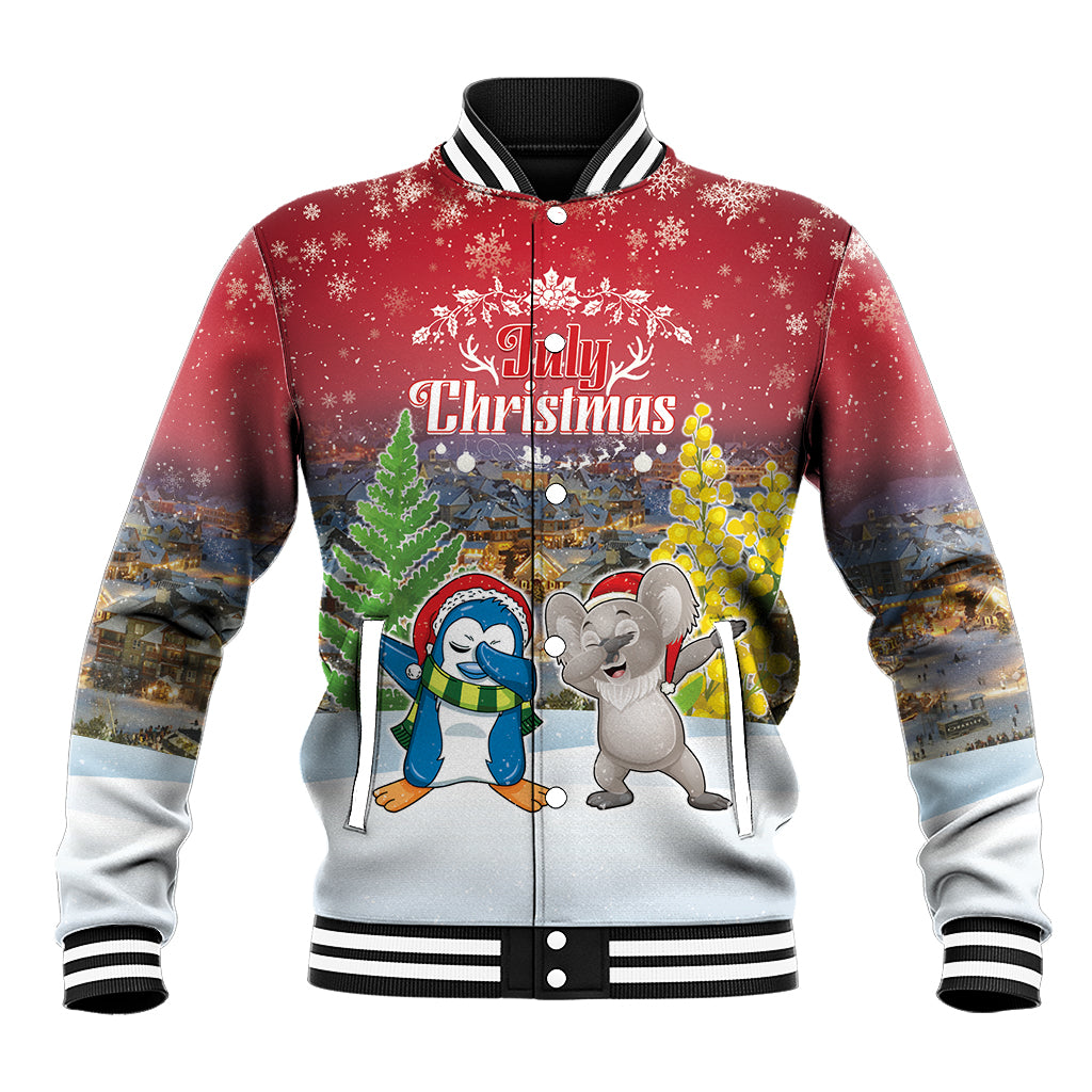 Personalised Christmas In July Baseball Jacket Funny Dabbing Dance Koala And Blue Penguins LT05 Unisex Red - Polynesian Pride