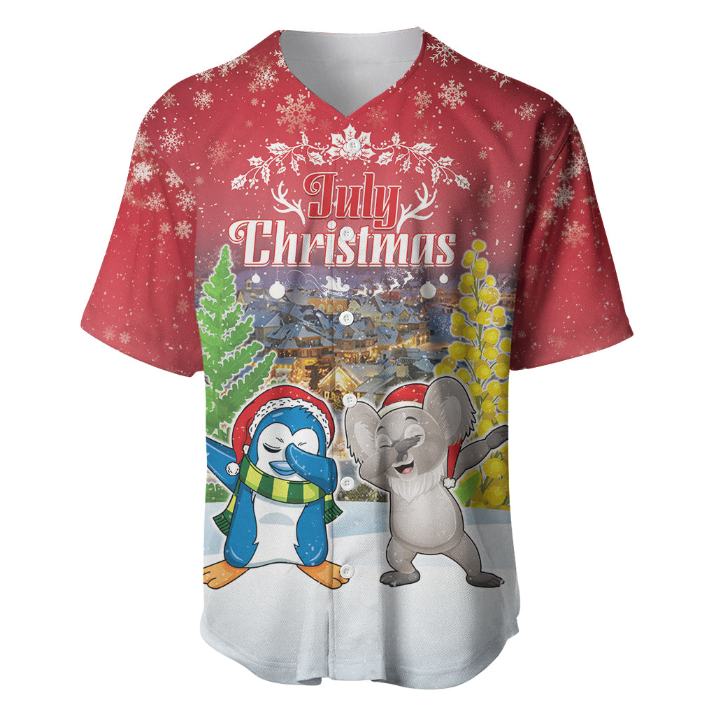 Personalised Christmas In July Baseball Jersey Funny Dabbing Dance Koala And Blue Penguins LT05 Red - Polynesian Pride
