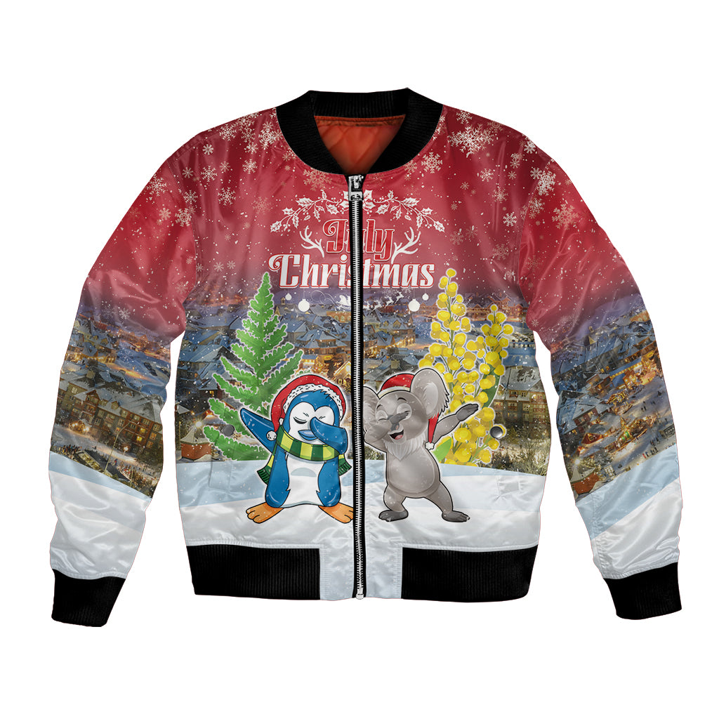 Personalised Christmas In July Bomber Jacket Funny Dabbing Dance Koala And Blue Penguins