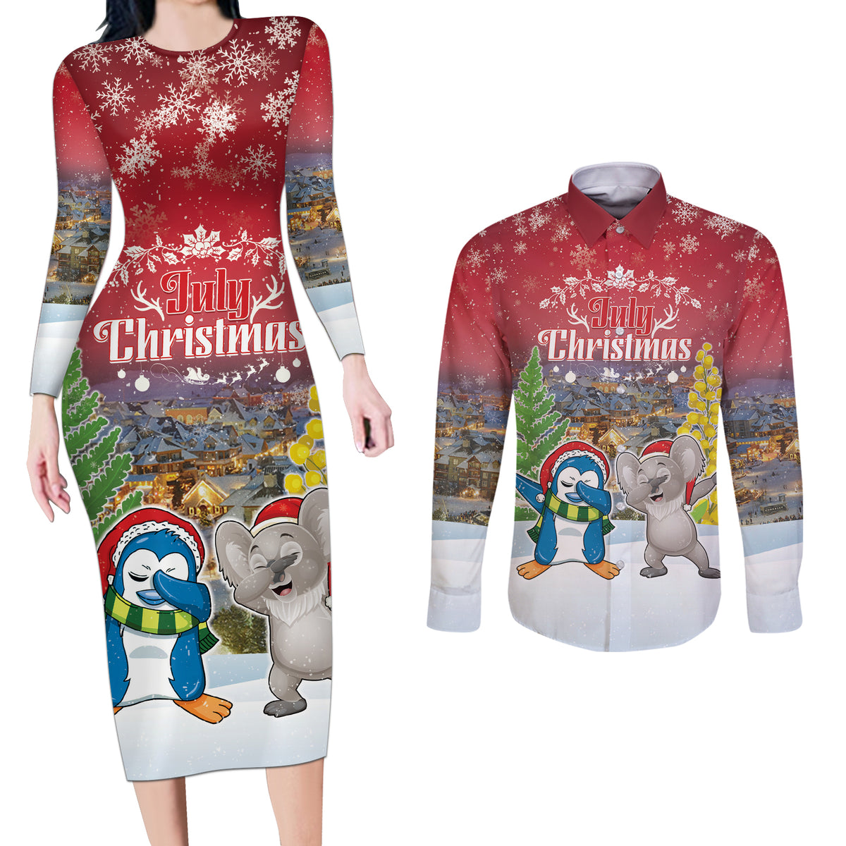 Personalised Christmas In July Couples Matching Long Sleeve Bodycon Dress and Long Sleeve Button Shirt Funny Dabbing Dance Koala And Blue Penguins LT05 Red - Polynesian Pride