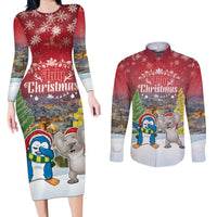 Personalised Christmas In July Couples Matching Long Sleeve Bodycon Dress and Long Sleeve Button Shirt Funny Dabbing Dance Koala And Blue Penguins LT05 Red - Polynesian Pride