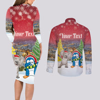 Personalised Christmas In July Couples Matching Long Sleeve Bodycon Dress and Long Sleeve Button Shirt Funny Dabbing Dance Koala And Blue Penguins LT05 - Polynesian Pride