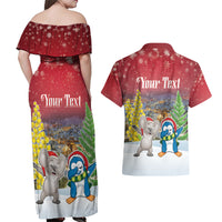 Personalised Christmas In July Couples Matching Off Shoulder Maxi Dress and Hawaiian Shirt Funny Dabbing Dance Koala And Blue Penguins