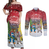 Personalised Christmas In July Couples Matching Off Shoulder Maxi Dress and Long Sleeve Button Shirt Funny Dabbing Dance Koala And Blue Penguins LT05 Red - Polynesian Pride