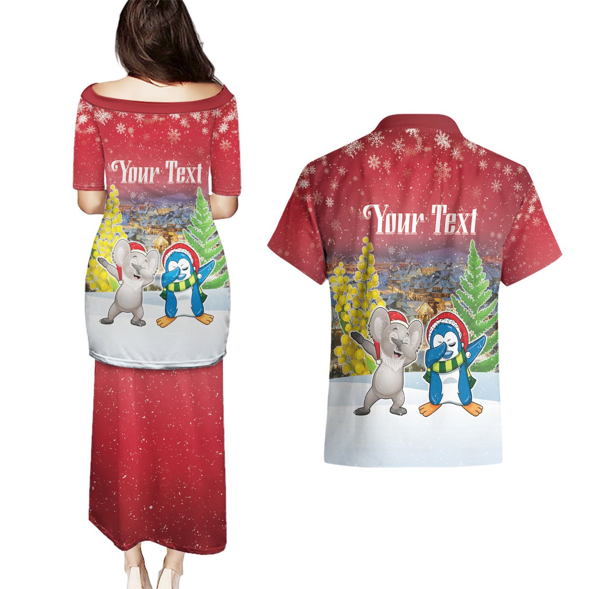 Personalised Christmas In July Couples Matching Puletasi and Hawaiian Shirt Funny Dabbing Dance Koala And Blue Penguins