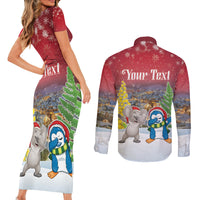 Personalised Christmas In July Couples Matching Short Sleeve Bodycon Dress and Long Sleeve Button Shirt Funny Dabbing Dance Koala And Blue Penguins LT05 - Polynesian Pride