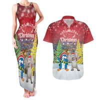 Personalised Christmas In July Couples Matching Tank Maxi Dress and Hawaiian Shirt Funny Dabbing Dance Koala And Blue Penguins