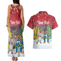 Personalised Christmas In July Couples Matching Tank Maxi Dress and Hawaiian Shirt Funny Dabbing Dance Koala And Blue Penguins
