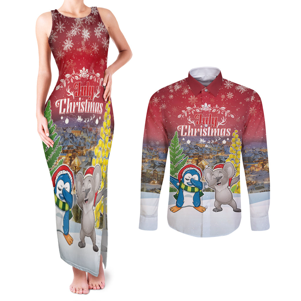 Personalised Christmas In July Couples Matching Tank Maxi Dress and Long Sleeve Button Shirt Funny Dabbing Dance Koala And Blue Penguins LT05 Red - Polynesian Pride