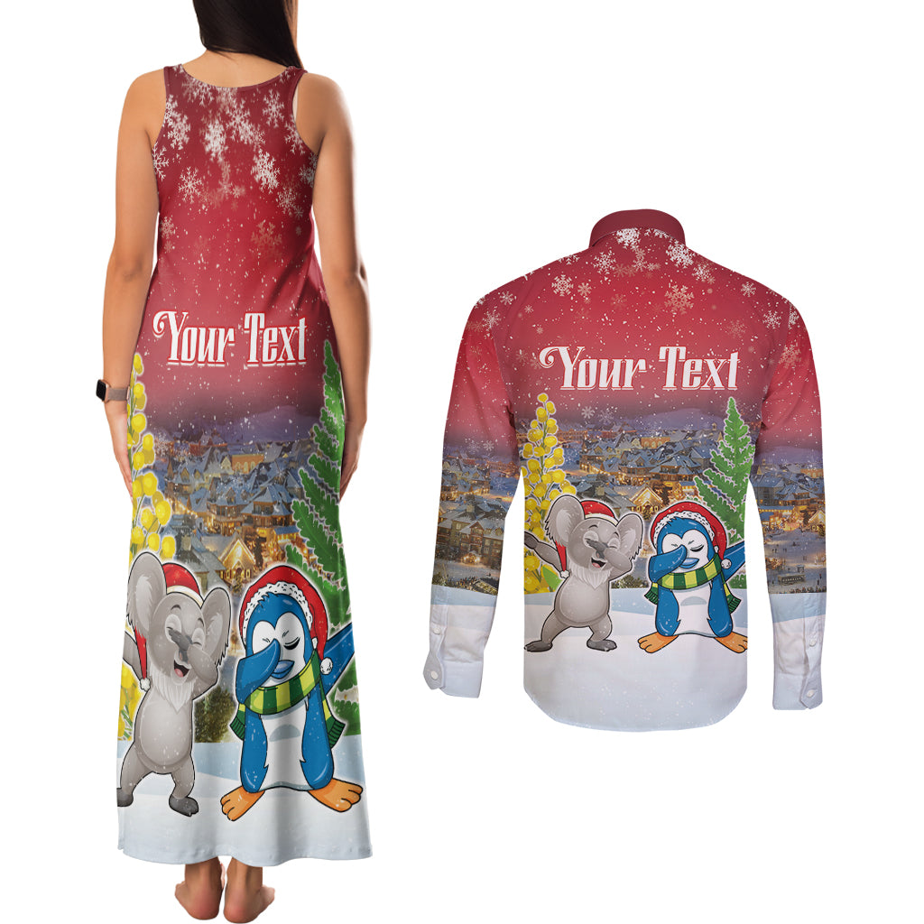 Personalised Christmas In July Couples Matching Tank Maxi Dress and Long Sleeve Button Shirt Funny Dabbing Dance Koala And Blue Penguins LT05 - Polynesian Pride