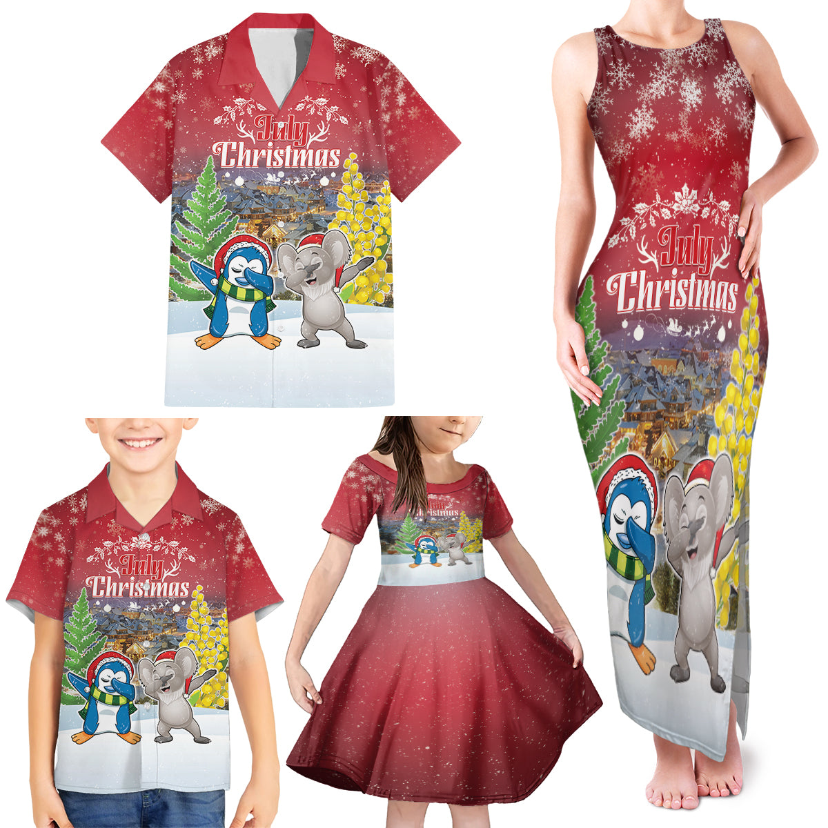 Personalised Christmas In July Family Matching Tank Maxi Dress and Hawaiian Shirt Funny Dabbing Dance Koala And Blue Penguins
