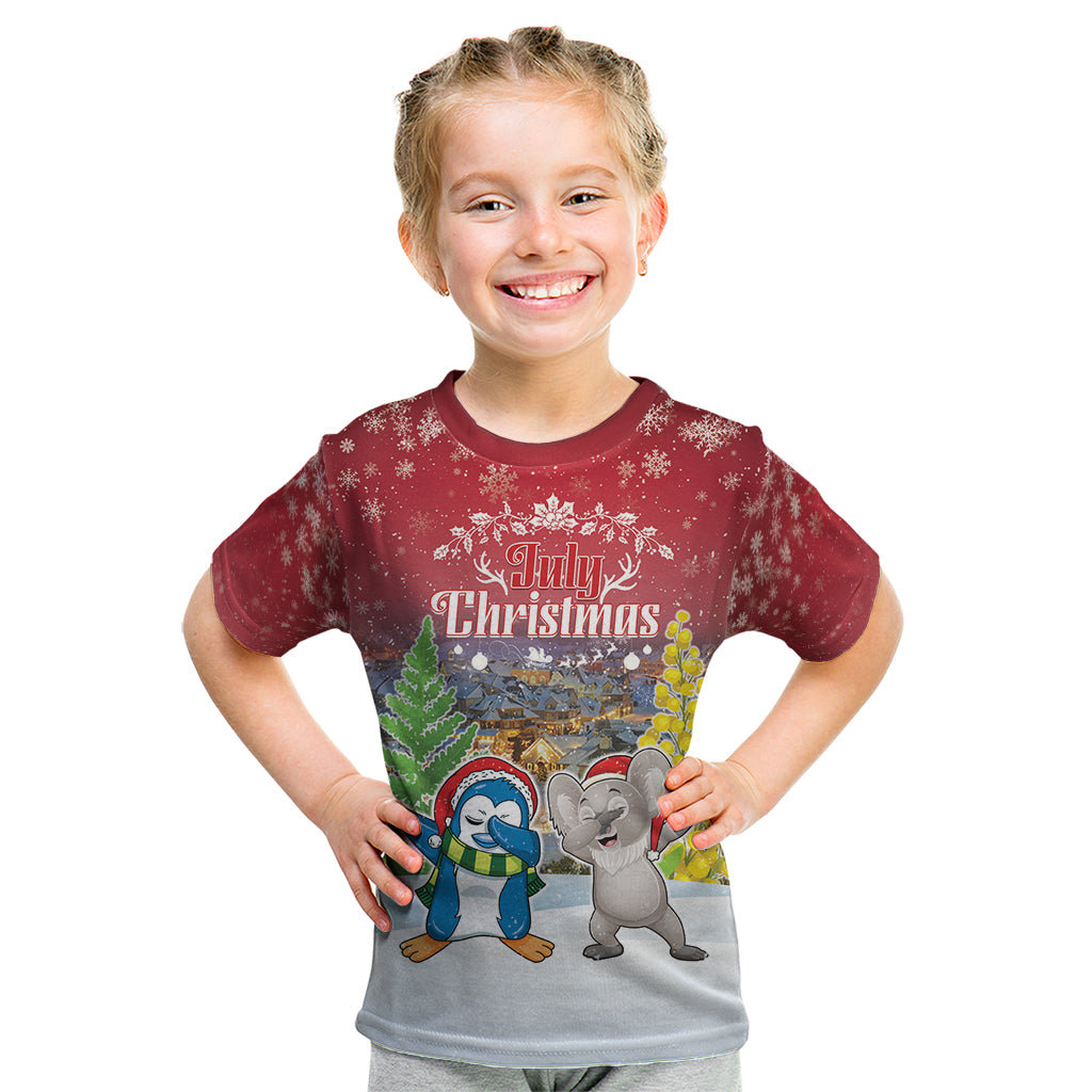 Personalised Christmas In July Kid T Shirt Funny Dabbing Dance Koala And Blue Penguins LT05 Red - Polynesian Pride