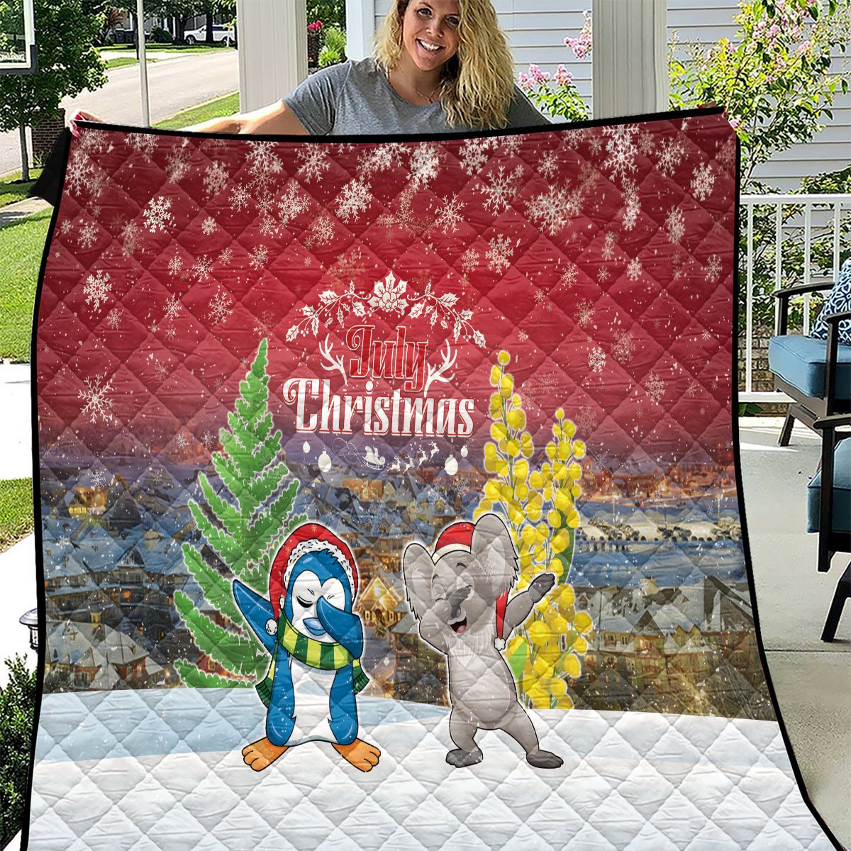 Christmas In July Quilt Funny Dabbing Dance Koala And Blue Penguins LT05 Red - Polynesian Pride