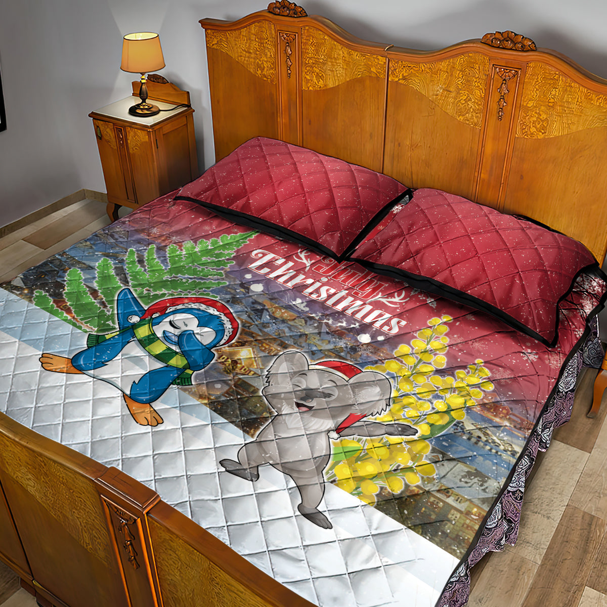 Christmas In July Quilt Bed Set Funny Dabbing Dance Koala And Blue Penguins