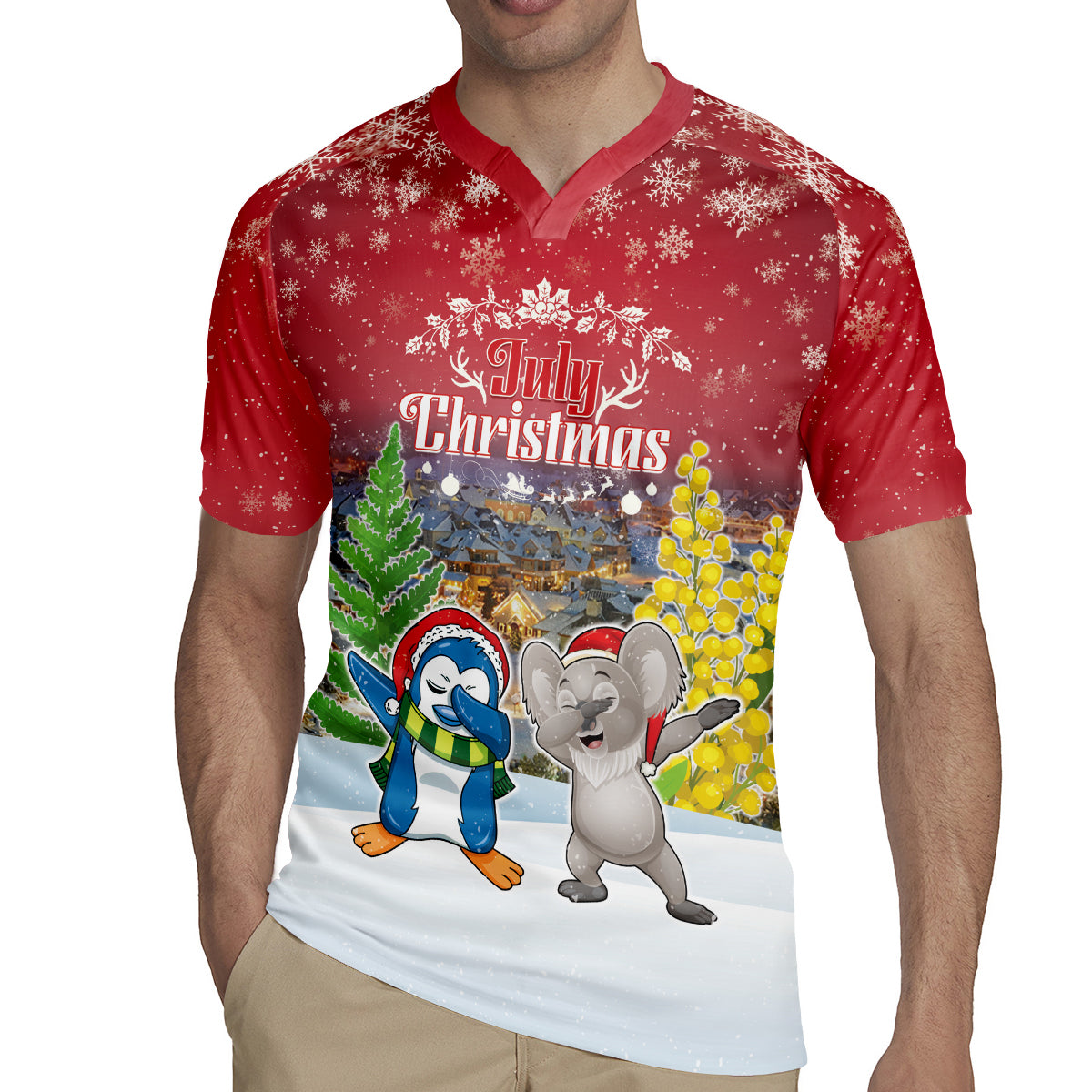 Personalised Christmas In July Rugby Jersey Funny Dabbing Dance Koala And Blue Penguins